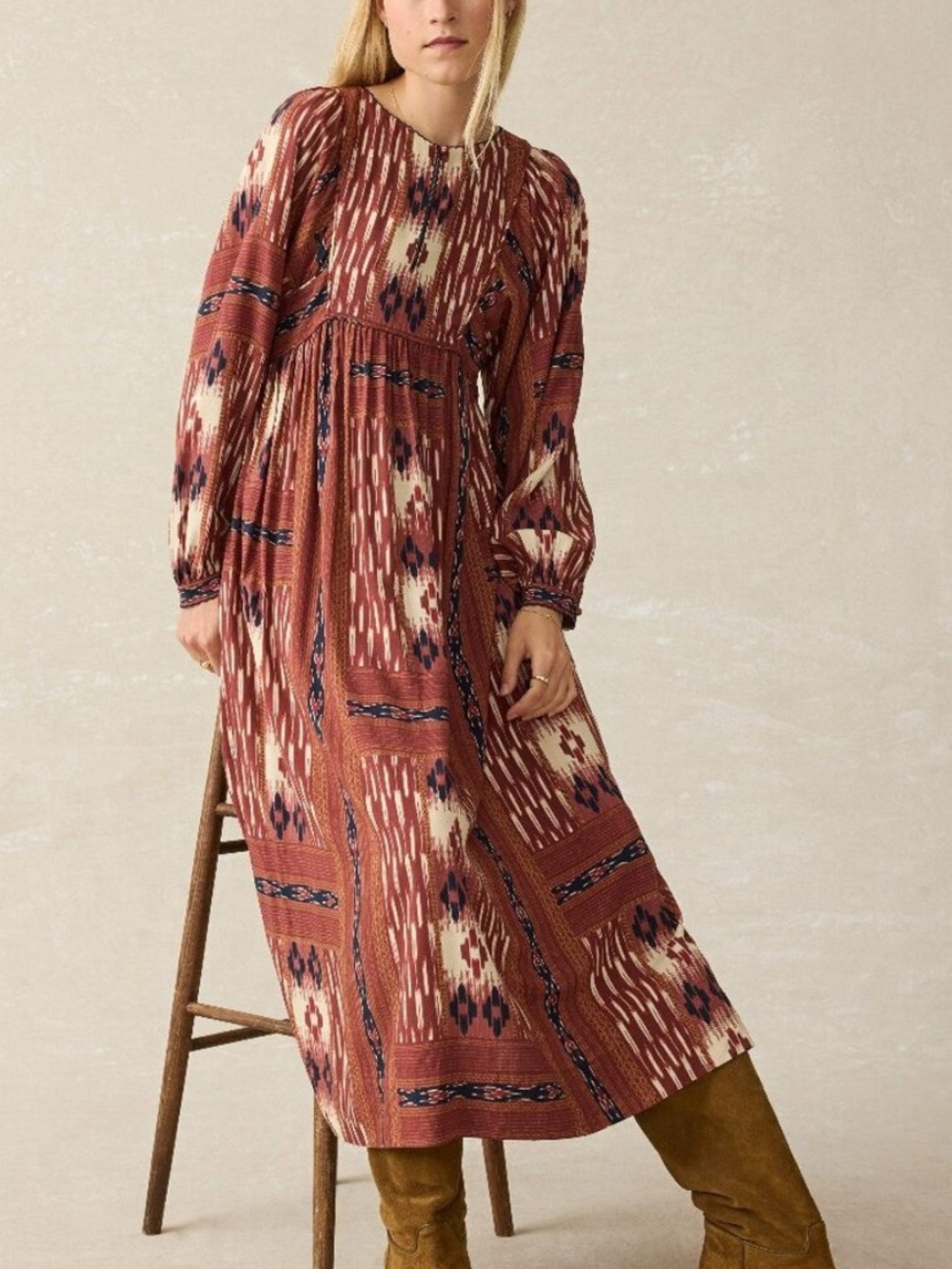 NWT Faherty Stevie Ikat Patchwork Maxi Dress Bohemian Prairie Red/Brown SZ S
